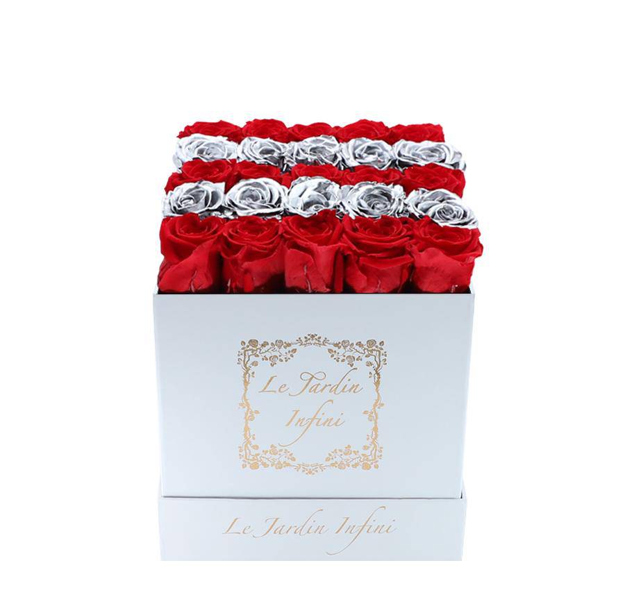 Red & Silver Rows Preserved Roses - Medium Square White Box