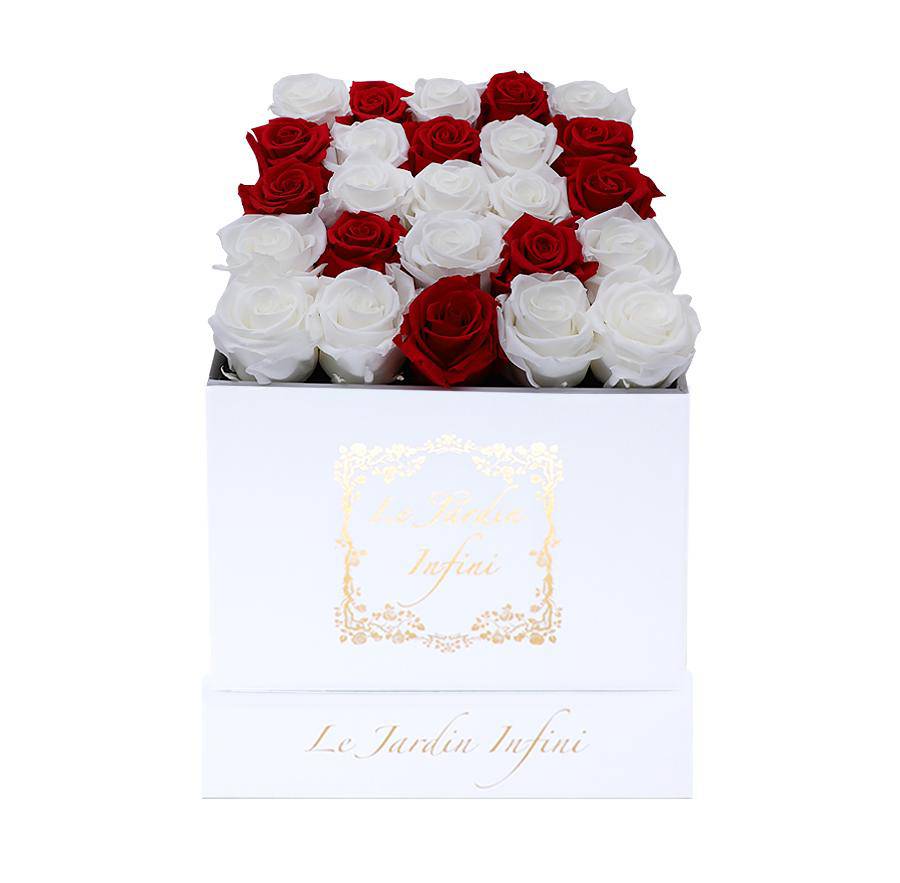Red & White Heart Shaped Preserved Roses - Medium Square White Box