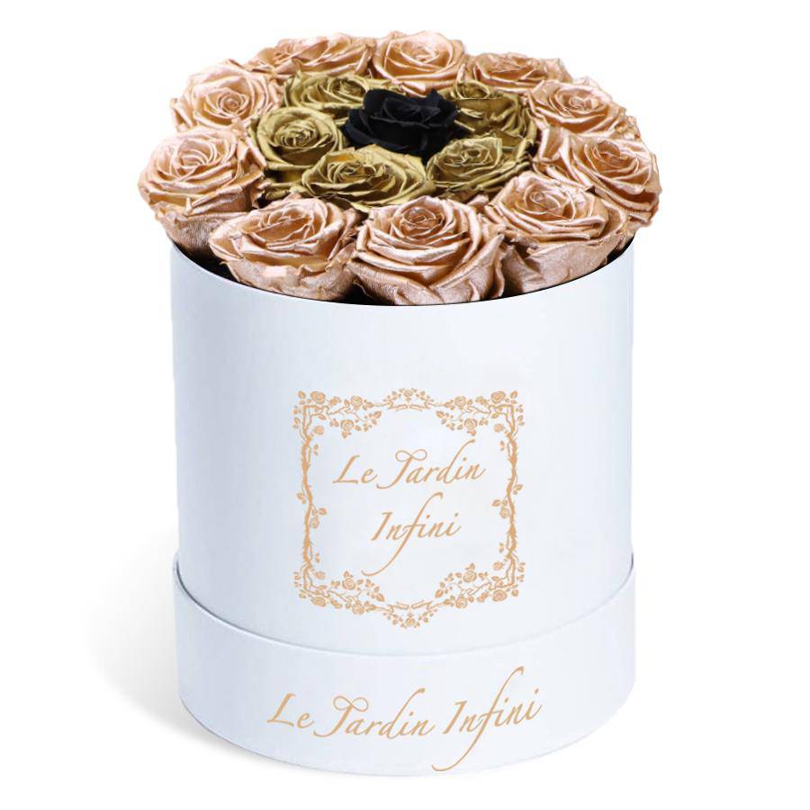 Rose Gold & Gold Preserved Roses with 1 Black Rose in Middle - Medium Round White Box