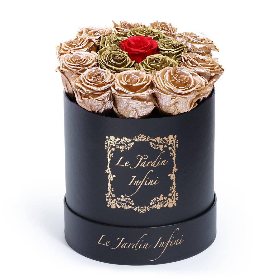 Rose Gold & Gold Preserved Roses with 1 Red Rose in Middle - Medium Round Black Box - Le Jardin Infini Roses in a Box