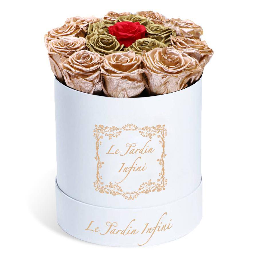 Rose Gold & Gold Preserved Roses with 1 Red Rose in Middle - Medium Round White Box - Le Jardin Infini Roses in a Box