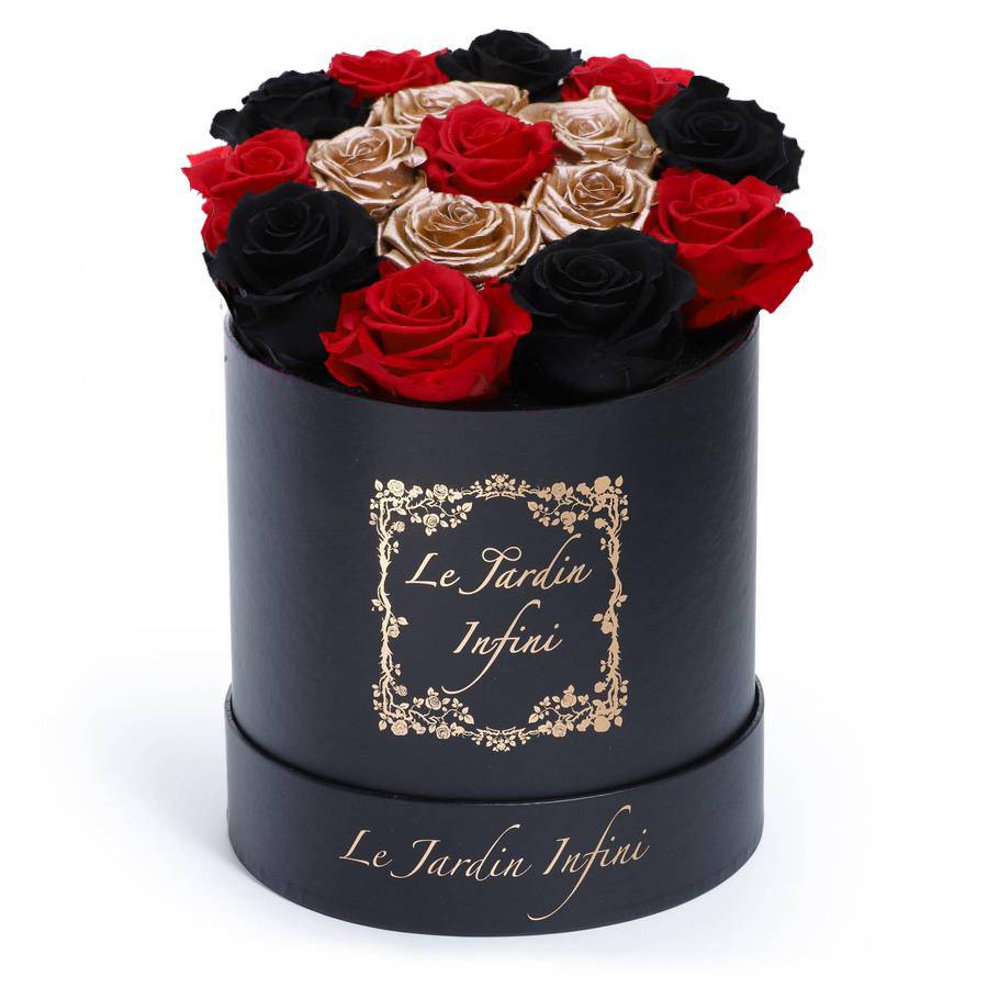 Rose Gold Preserved Roses, Red, Black & 1 Red Rose - Medium Round Black Box - Le Jardin Infini Roses in a Box