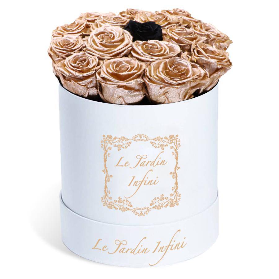 Rose Gold Preserved Roses with 1 Black Preserved Rose in Middle - Medium Round White Box - Le Jardin Infini Roses in a Box