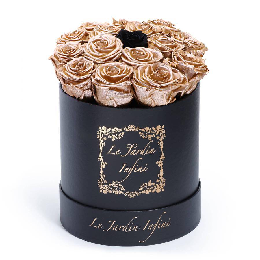 Rose Gold Preserved Roses with 1 Black Rose - Medium Round Black Box - Le Jardin Infini Roses in a Box