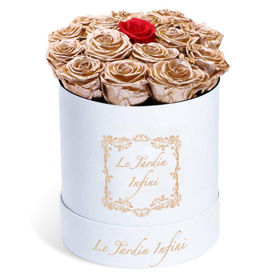 Rose Gold Preserved Roses with 1 Red Rose - Medium Round White Box - Le Jardin Infini Roses in a Box