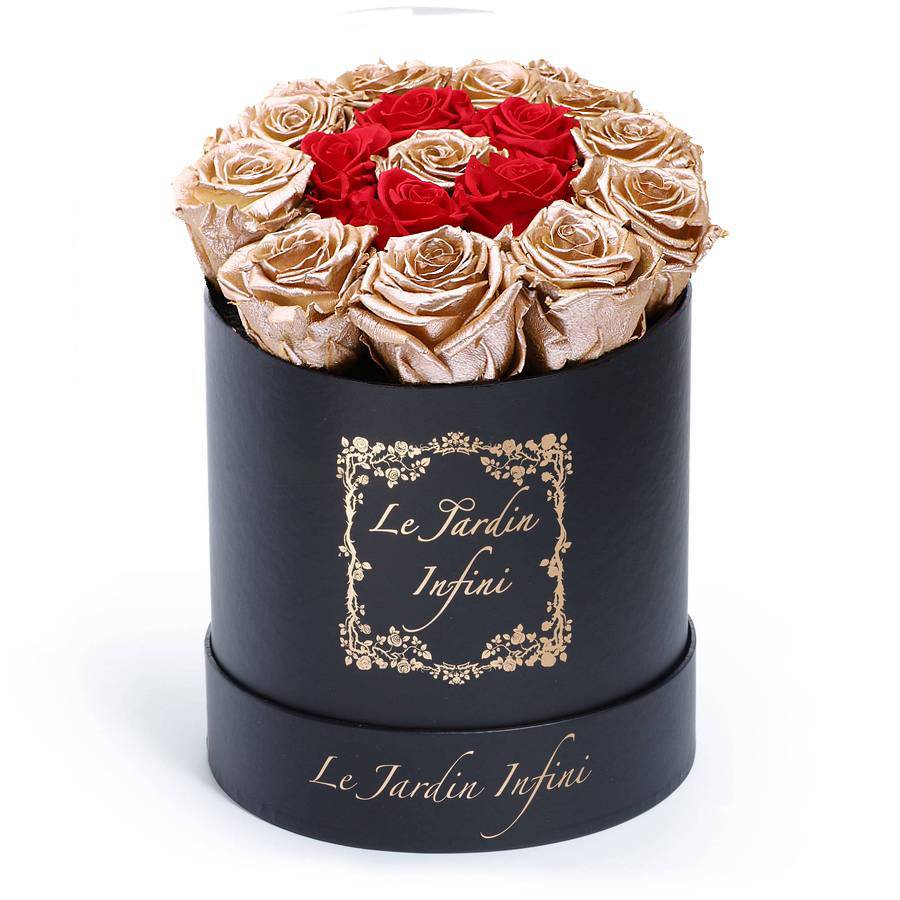 Rose Gold Preserved Roses with 5 Red Circle & 1 Rose Gold Rose - Medium Round Black Box - Le Jardin Infini Roses in a Box