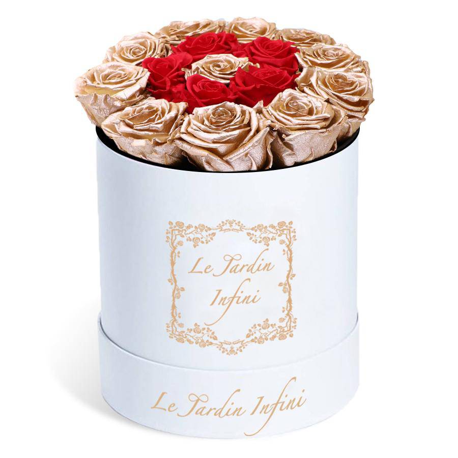 Rose Gold Preserved Roses with 5 Red Circle & 1 Rose Gold Rose - Medium Round White Box