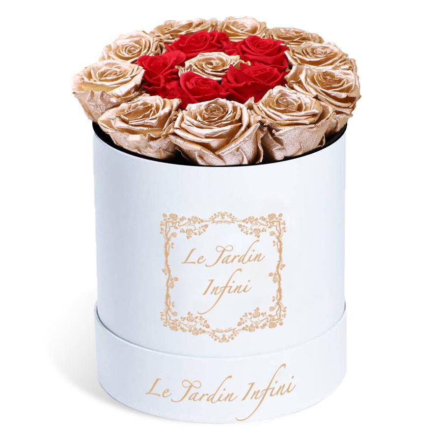 Rose Gold Preserved Roses with 5 Red Circle & 1 Rose Gold Rose - Medium Round White Box - Le Jardin Infini Roses in a Box