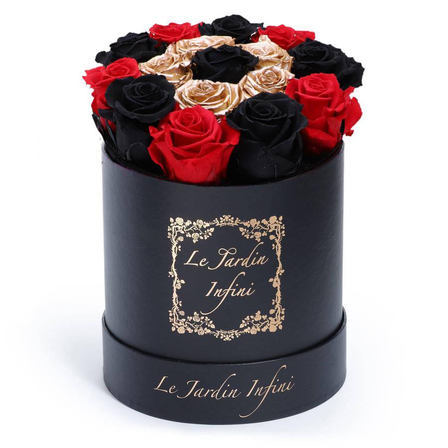 Rose Gold Preserved Roses with Black, Red & 1 Black Rose - Medium Round Black Box