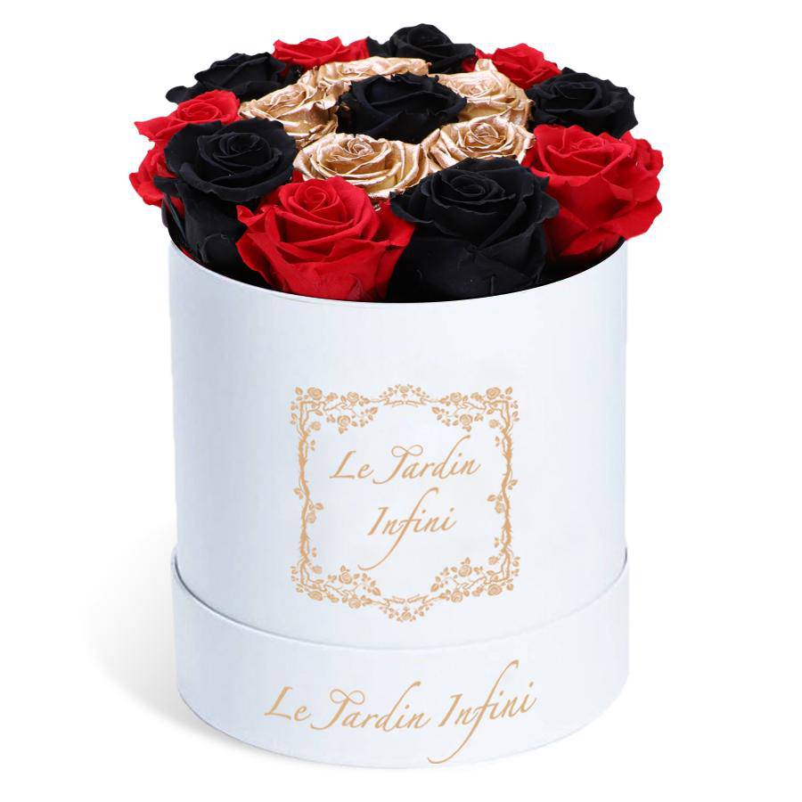 Rose Gold Preserved Roses with Red, Black & 1 Black Rose - Medium Round White Box - Le Jardin Infini Roses in a Box