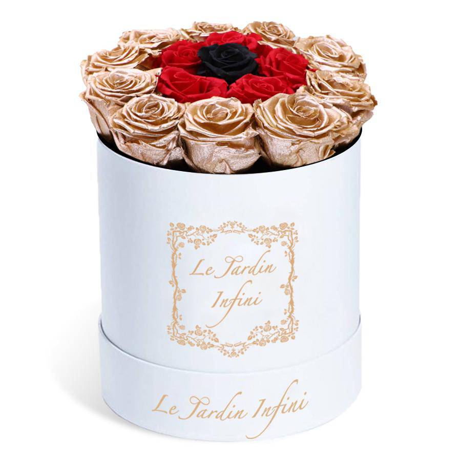Rose Gold Preserved Roses with Red Circle & 1 Black Rose - Medium Round White Box - Le Jardin Infini Roses in a Box