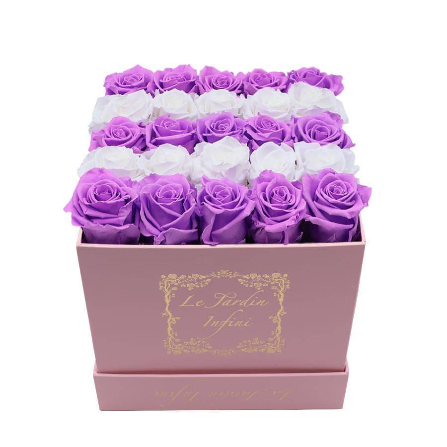 Rows of White & Lilac Preserved Roses - Medium Square Luxury Pink Box - Le Jardin Infini Roses in a Box