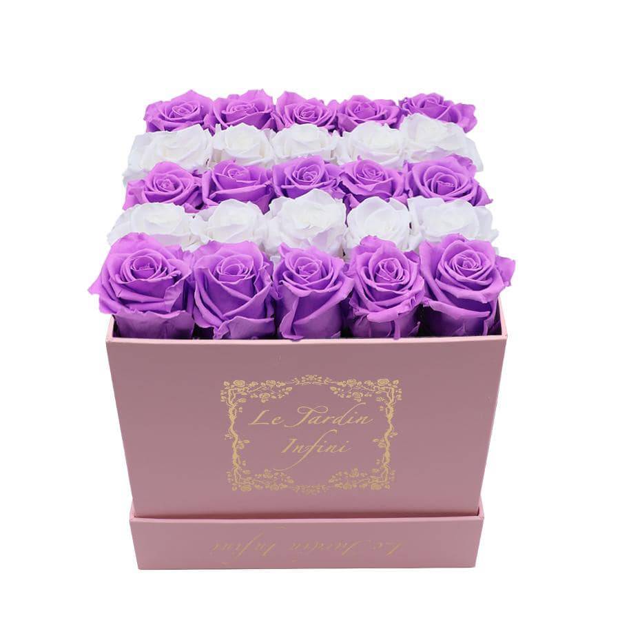 Rows of White & Lilac Preserved Roses - Medium Square Luxury Pink Box
