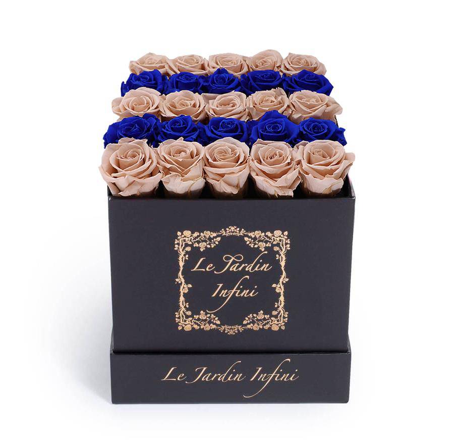 Royal Blue and Khaki Rows Preserved Roses - Medium Square Black Box - Le Jardin Infini Roses in a Box