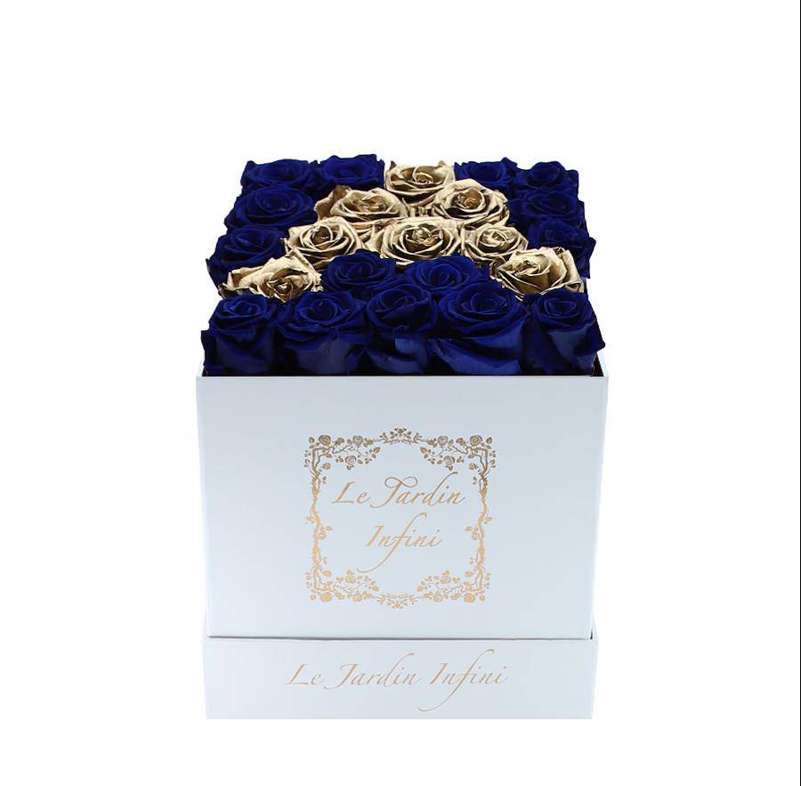 Royal Blue & Gold Arrow Preserved Roses - Medium White Box