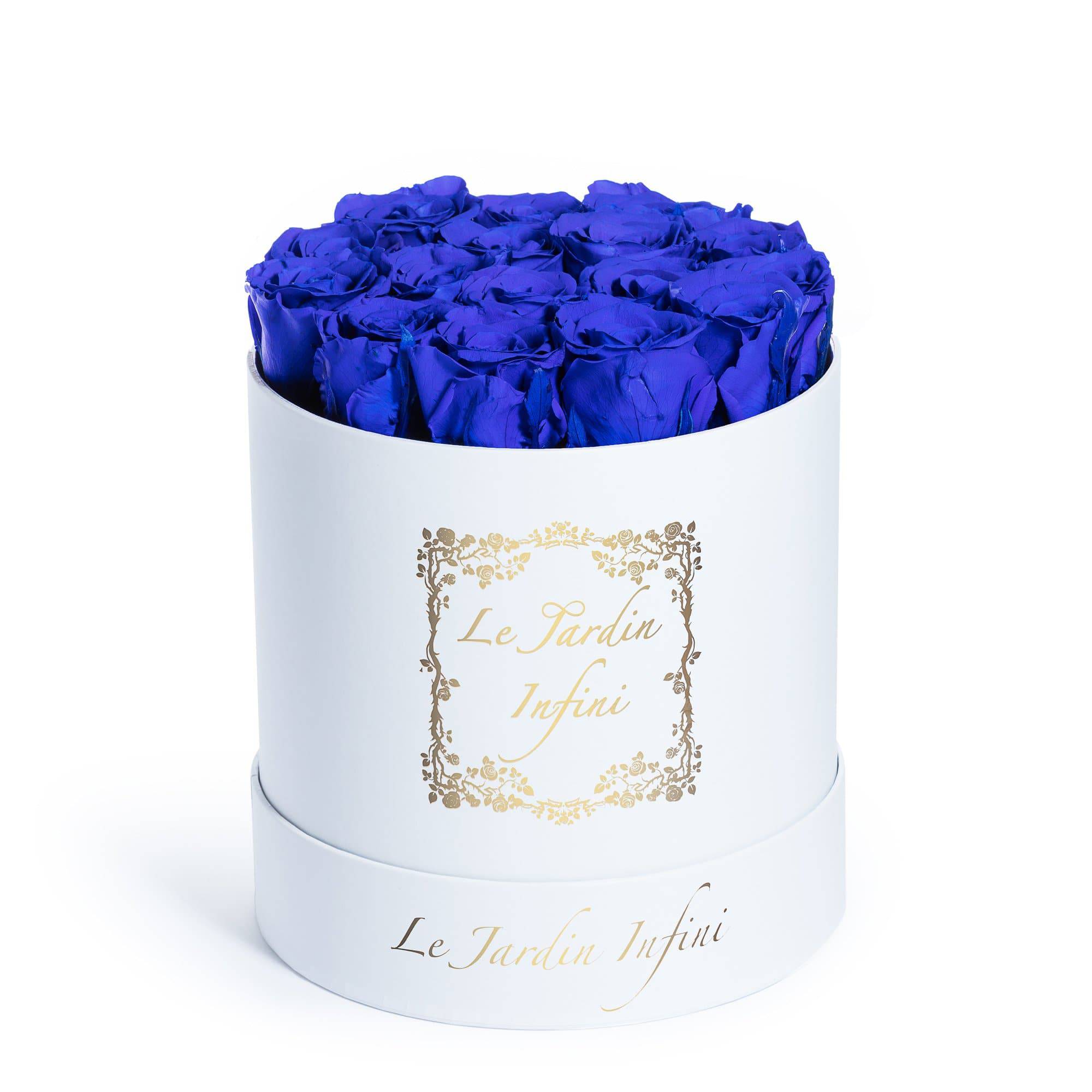 Royal Blue Preserved Roses - Medium Round White Box - Le Jardin Infini Roses in a Box