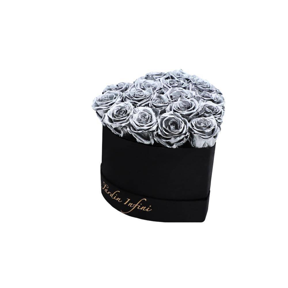 Silver Preserved Roses in A Heart Shaped Box - 16-18 Roses Heart Luxury Black Suede Box