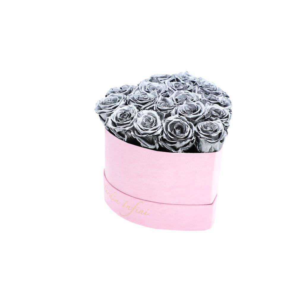 Silver Preserved Roses in A Heart Shaped Box - Mini Heart Luxury Pink Suede Box - Le Jardin Infini Roses in a Box