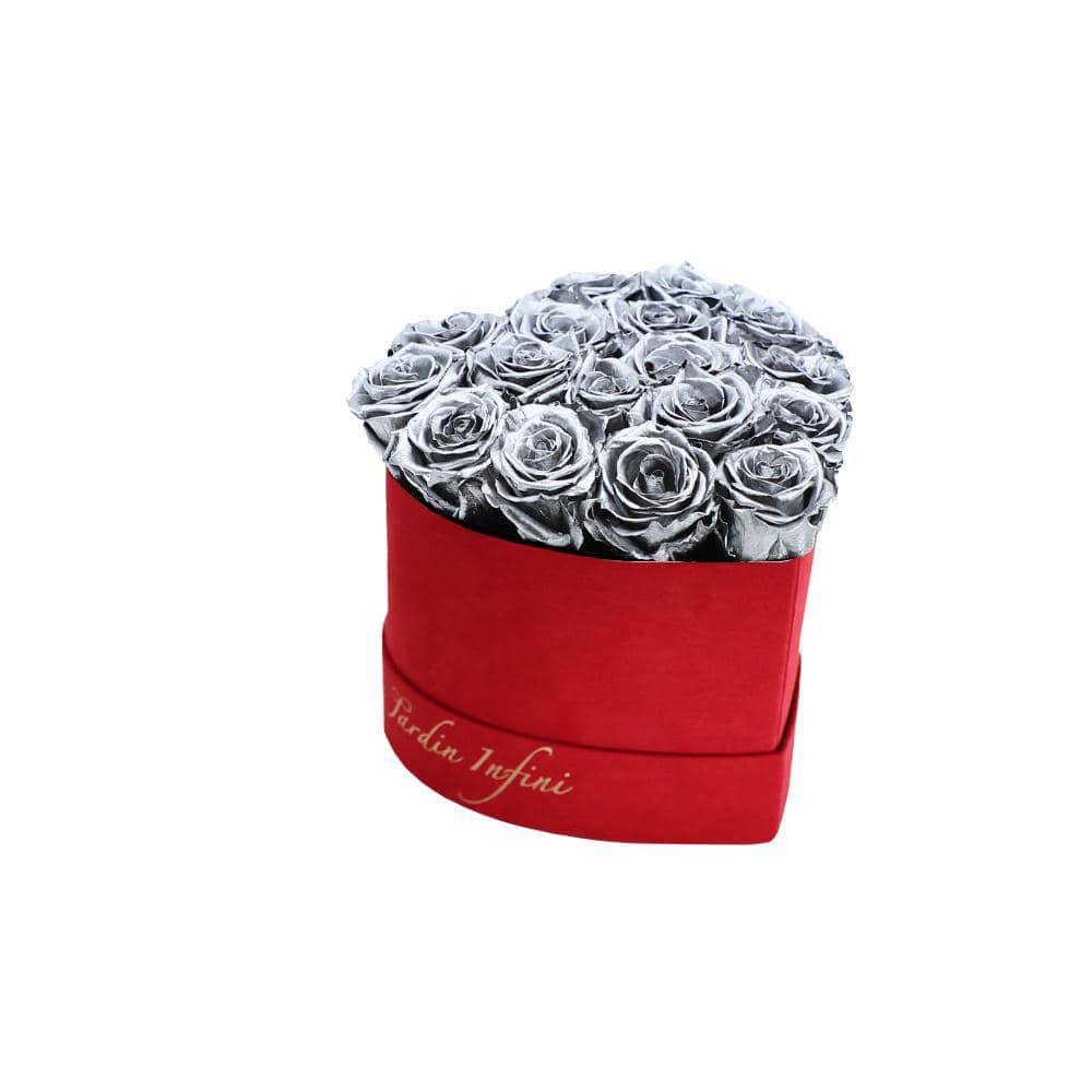 Silver Preserved Roses in A Heart Shaped Box - Mini Heart Luxury Red Suede Box - Le Jardin Infini Roses in a Box