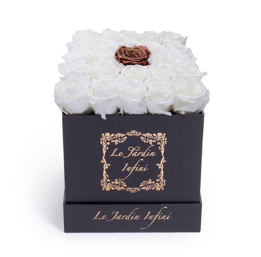 White & 1 Copper Center Preserved Roses - Medium Square Black Box