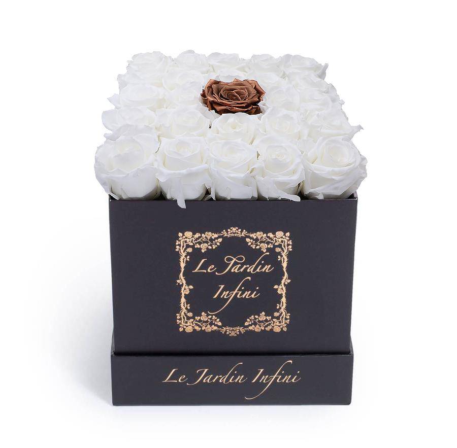 White & 1 Copper Center Preserved Roses - Medium Square Black Box - Le Jardin Infini Roses in a Box