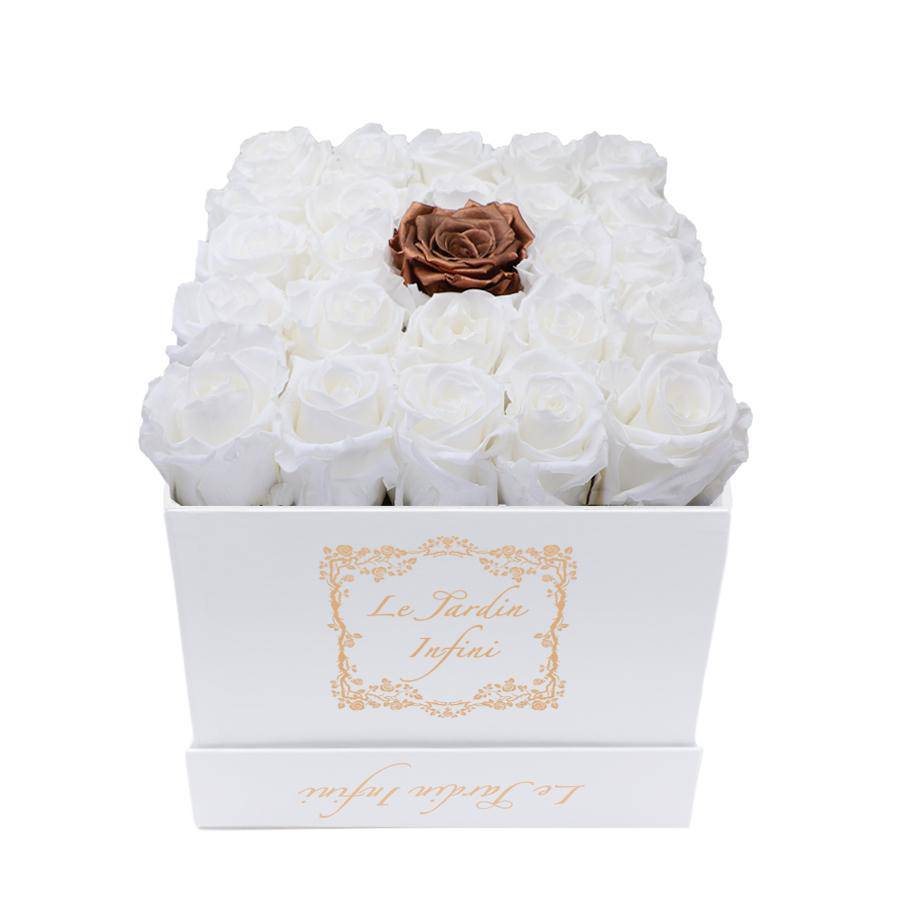 White & 1 Copper Center Preserved Roses - Medium Square White Box - Le Jardin Infini Roses in a Box