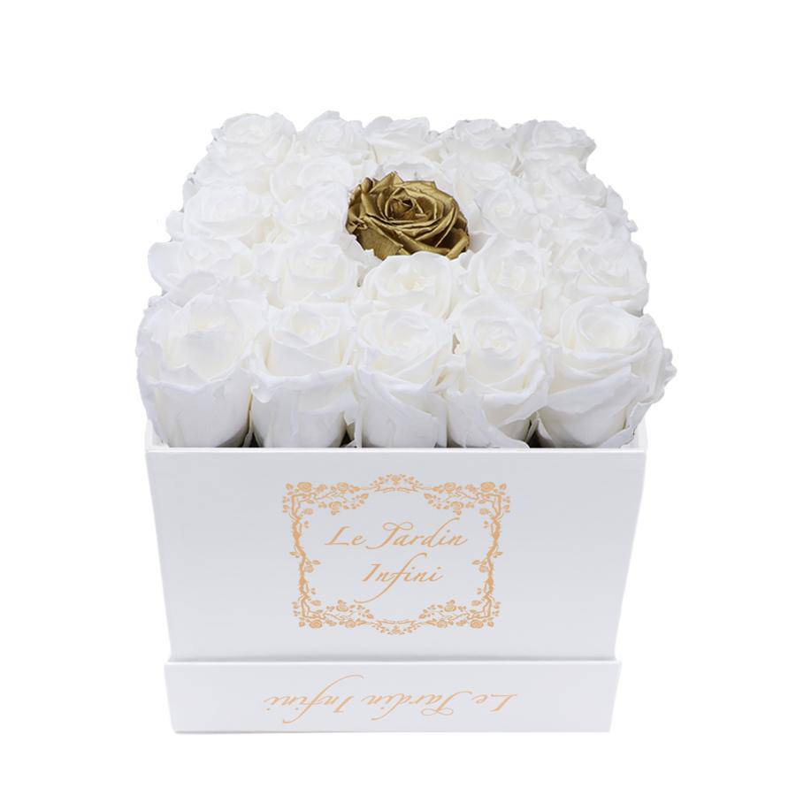 White & 1 Gold Center Preserved Roses - Medium Square White Box