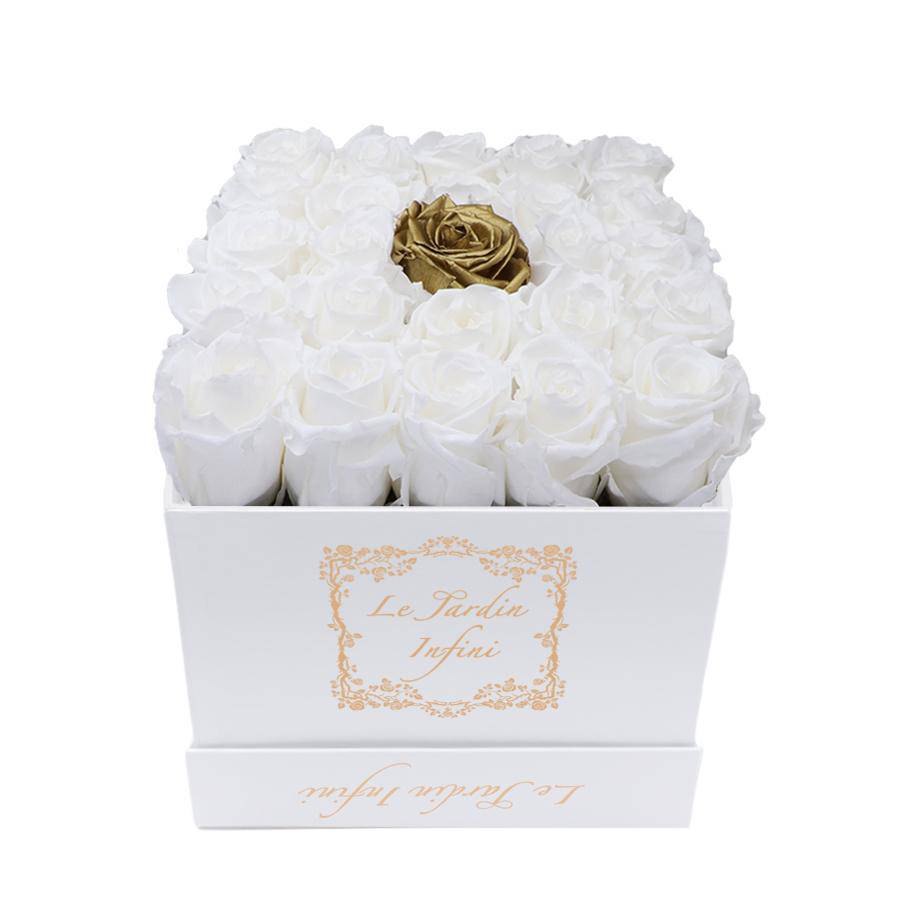 White & 1 Gold Center Preserved Roses - Medium Square White Box - Le Jardin Infini Roses in a Box