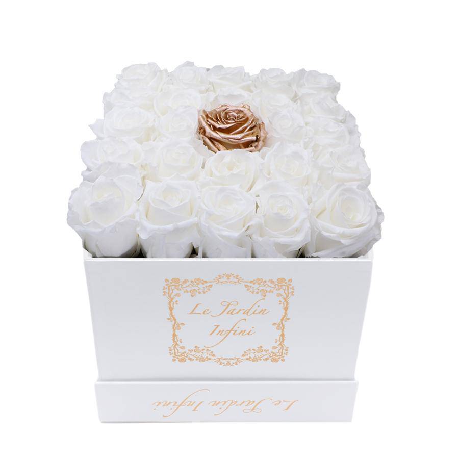 White & 1 Rose Gold Center Preserved Roses - Medium Square White Box