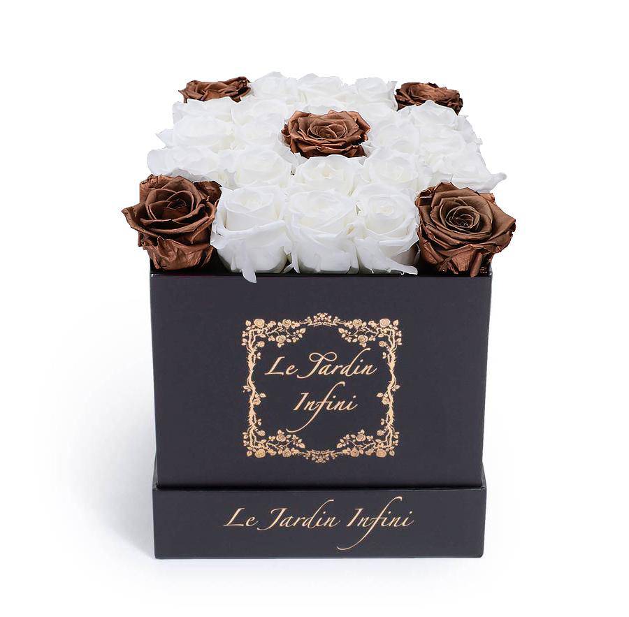 White & 5 Copper Preserved Roses - Medium Square Black Box - Le Jardin Infini Roses in a Box