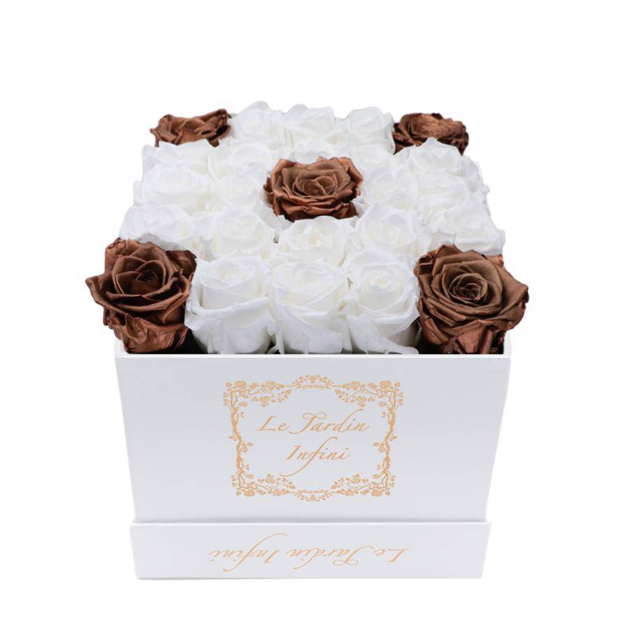 White & 5 Copper Preserved Roses - Medium Square White Box - Le Jardin Infini Roses in a Box