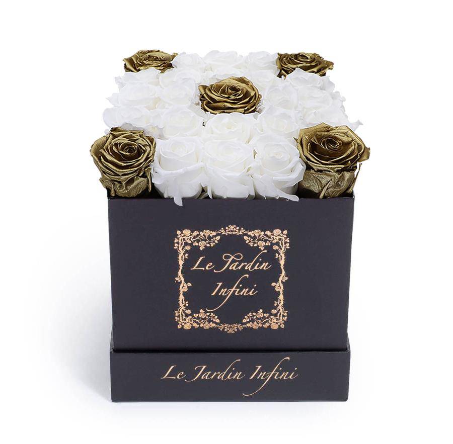 White & 5 Gold Preserved Roses - Medium Square Black Box