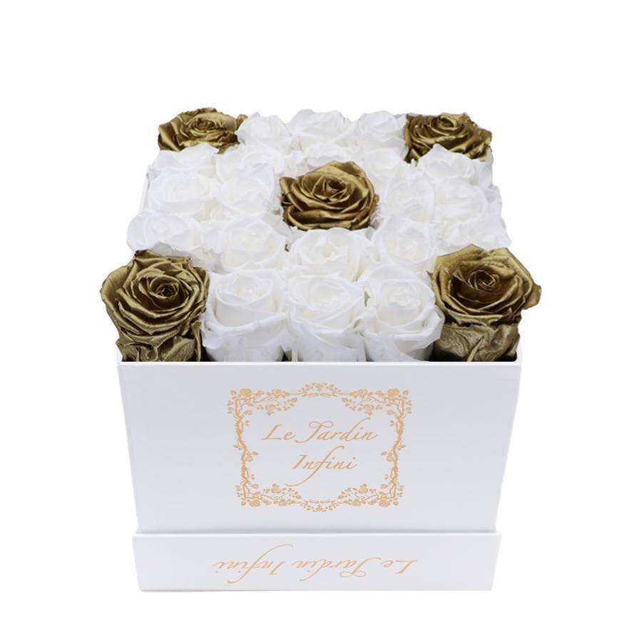 White & 5 Gold Preserved Roses - Medium Square White Box - Le Jardin Infini Roses in a Box