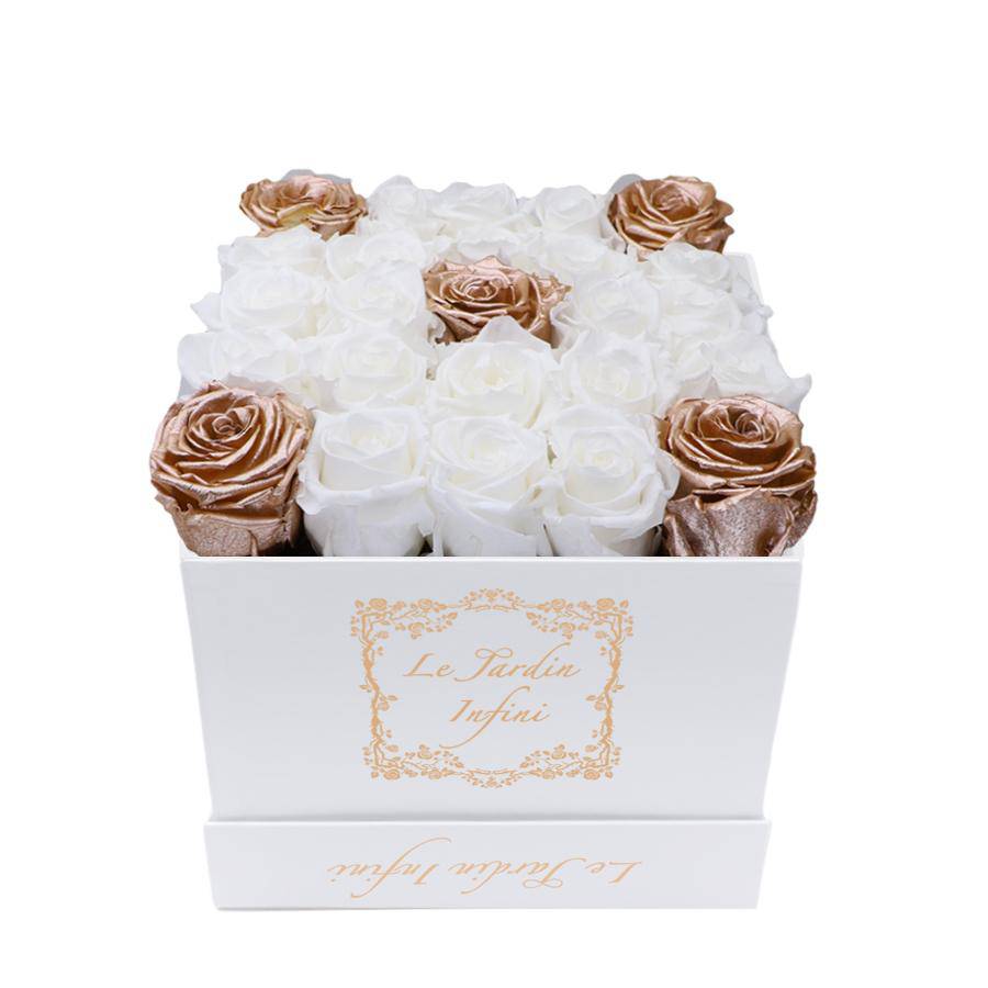 White & 5 Rose Gold Preserved Roses - Medium Square White Box