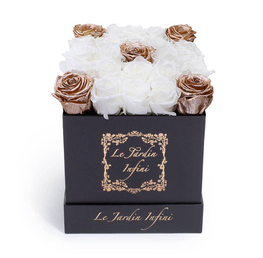 White and 5 Rose Gold Preserved Roses - Medium Square Black Box