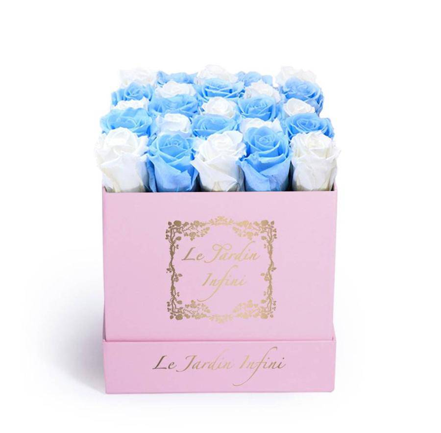 White & Blue Checker Preserved Roses - Medium Square Pink Box - Le Jardin Infini Roses in a Box