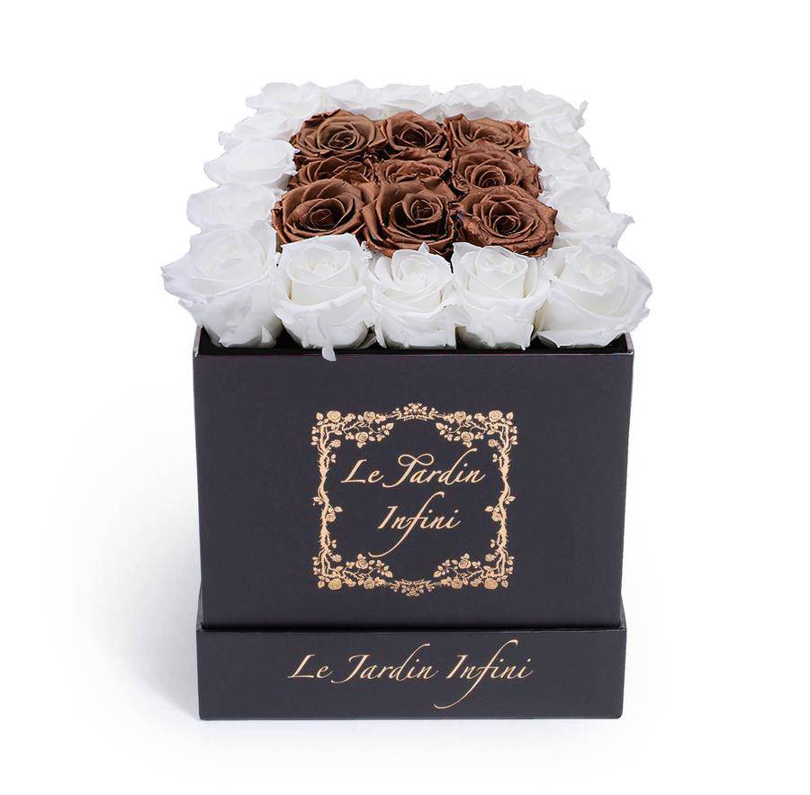 White & Copper Square Center Preserved Roses - Medium Square Black Box
