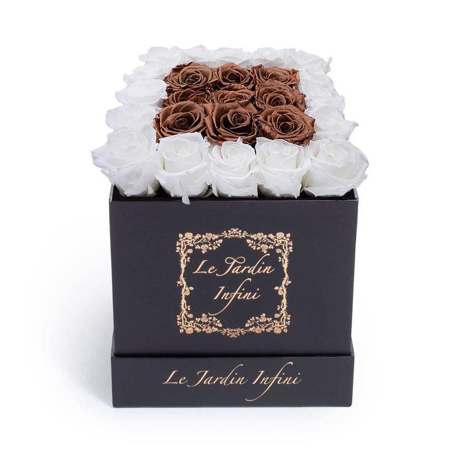White & Copper Square Center Preserved Roses - Medium Square Black Box - Le Jardin Infini Roses in a Box