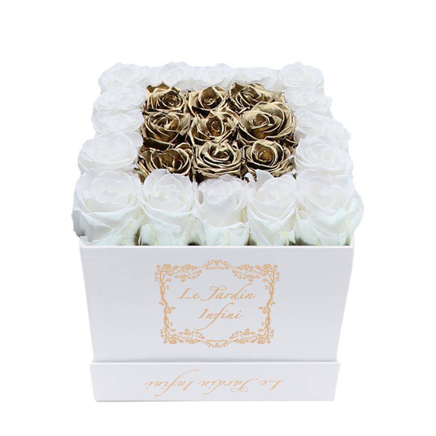 White & Gold Center Preserved Roses - Medium Square White Box - Le Jardin Infini Roses in a Box