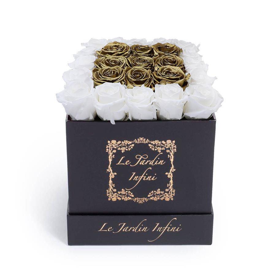 White & Gold Square Center Preserved Roses - Medium Square Black Box - Le Jardin Infini Roses in a Box