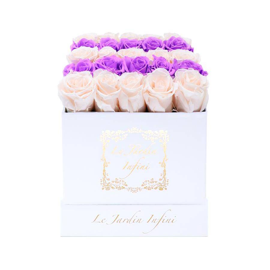 White & Lilac Rows Preserved Roses - Medium Square Luxury White Box - Le Jardin Infini Roses in a Box