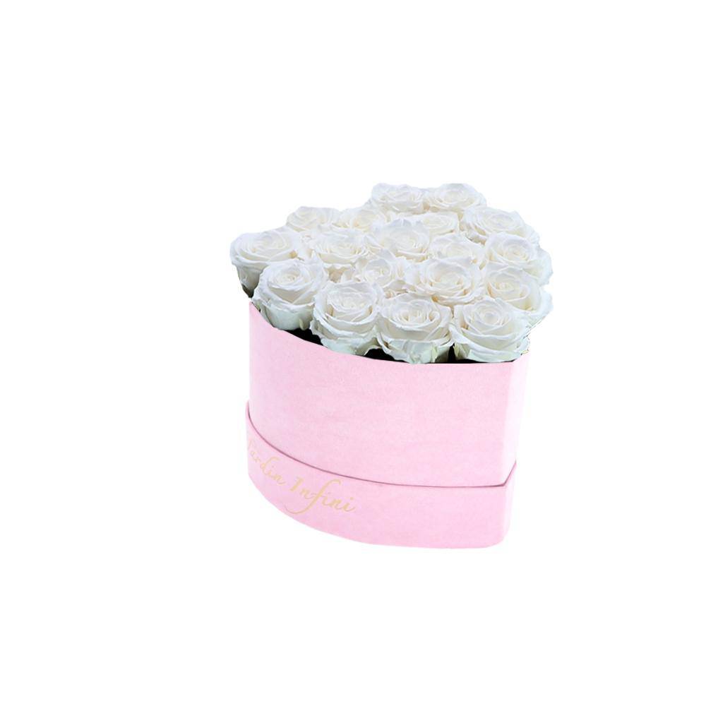 White Preserved Roses in A Heart Shaped Box - 16-18 Roses Heart Luxury Pink Suede Box