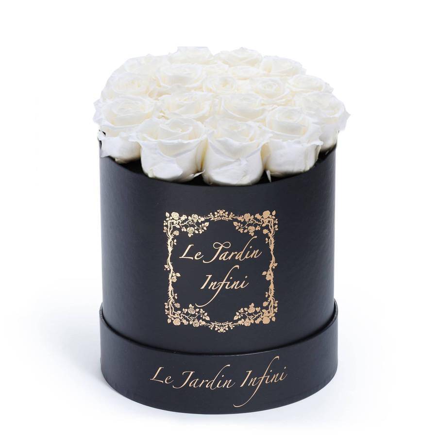 White Preserved Roses - Medium Round Black Box - Le Jardin Infini Roses in a Box