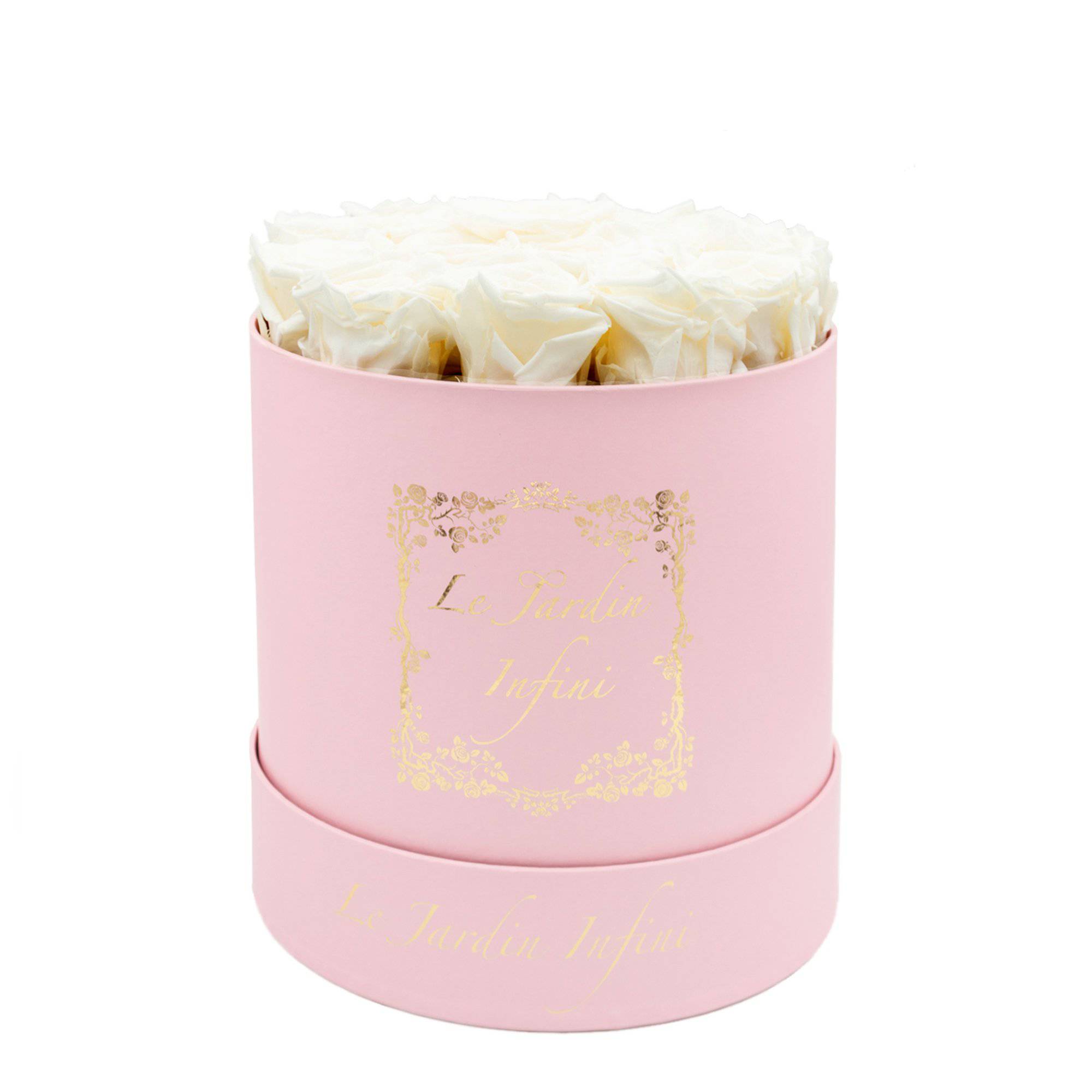 White Preserved Roses - Medium Round Pink Box