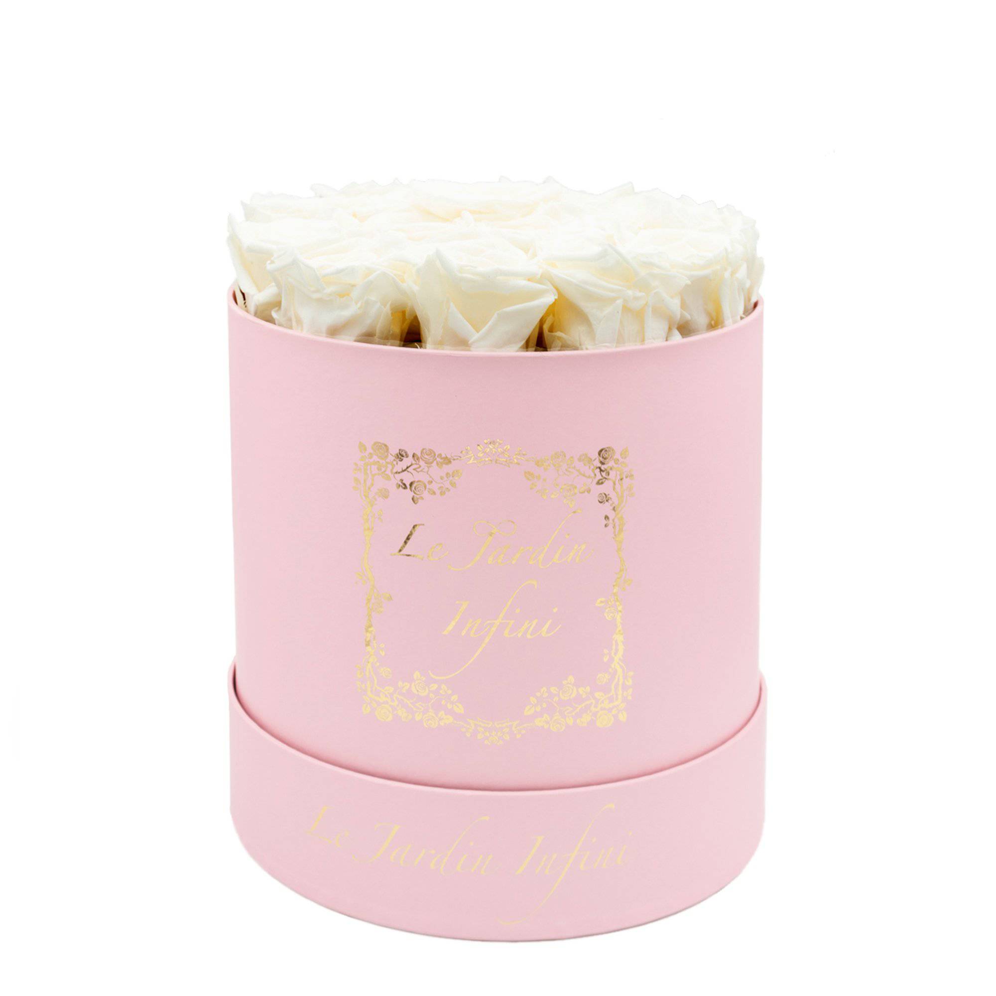 White Preserved Roses - Medium Round Pink Box - Le Jardin Infini Roses in a Box