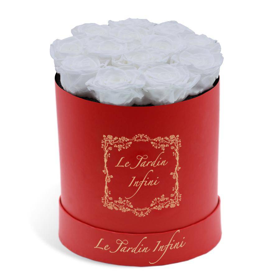 White Preserved Roses - Medium Round Red Box