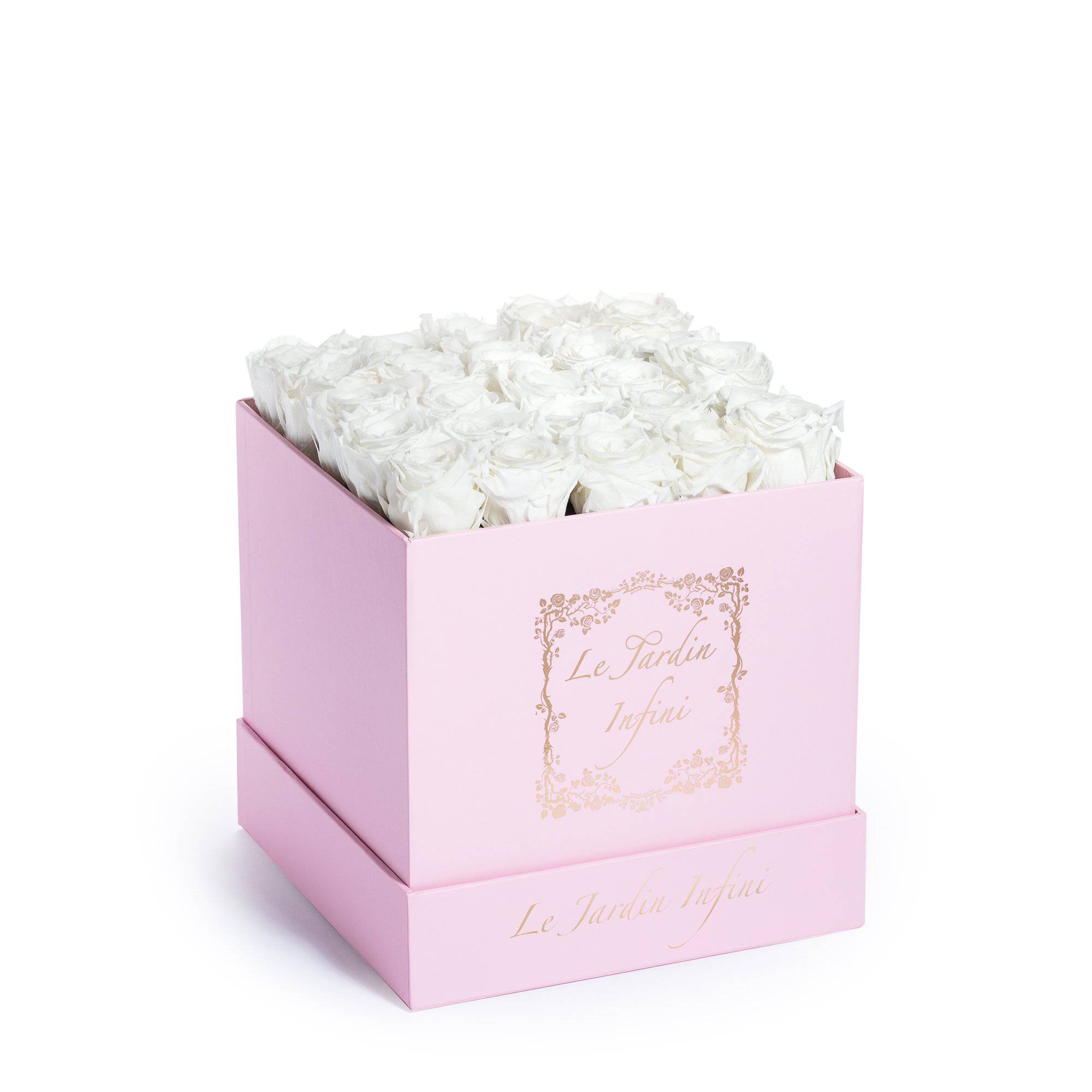 White Preserved Roses - Medium Square Pink Box