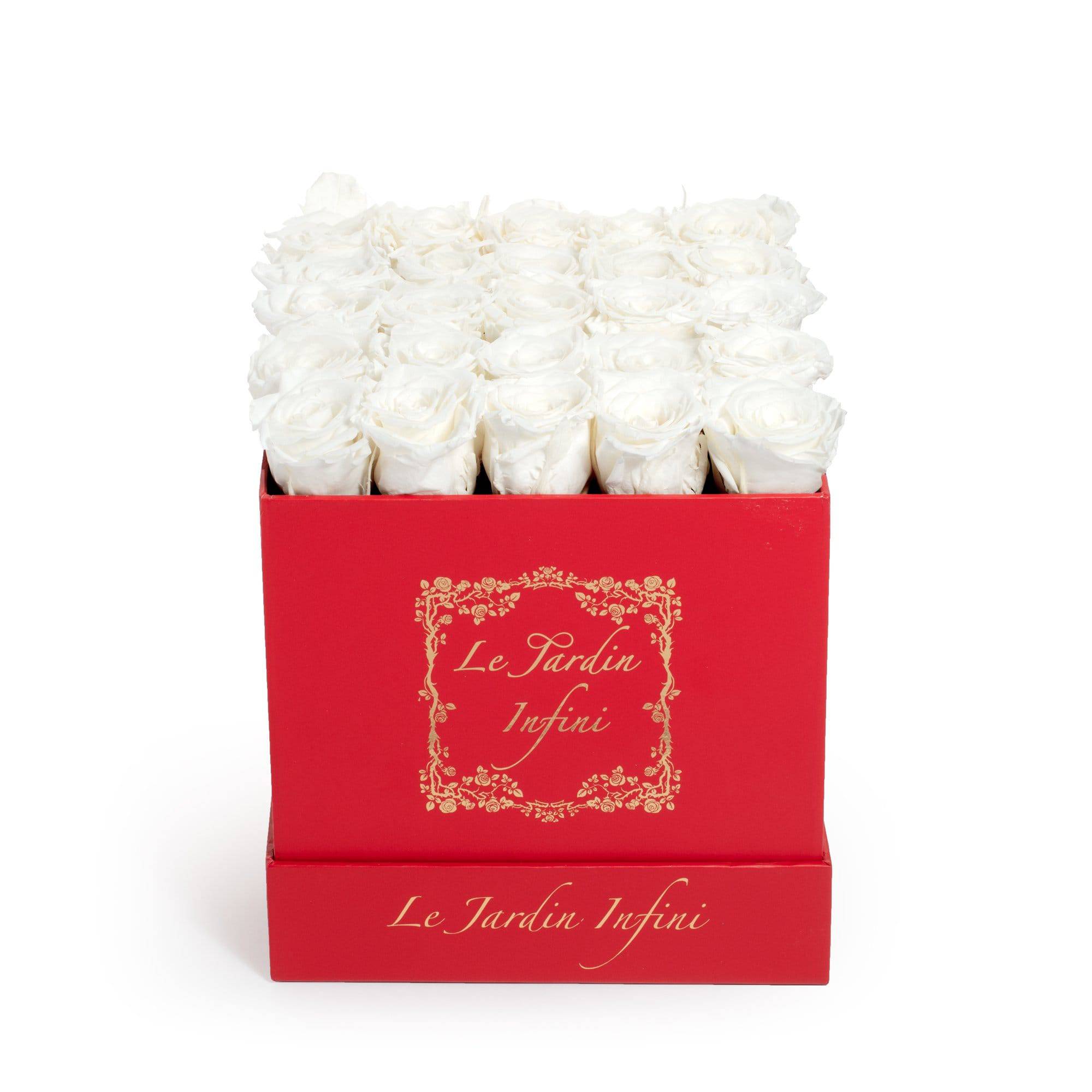 White Preserved Roses - Medium Square Red Box