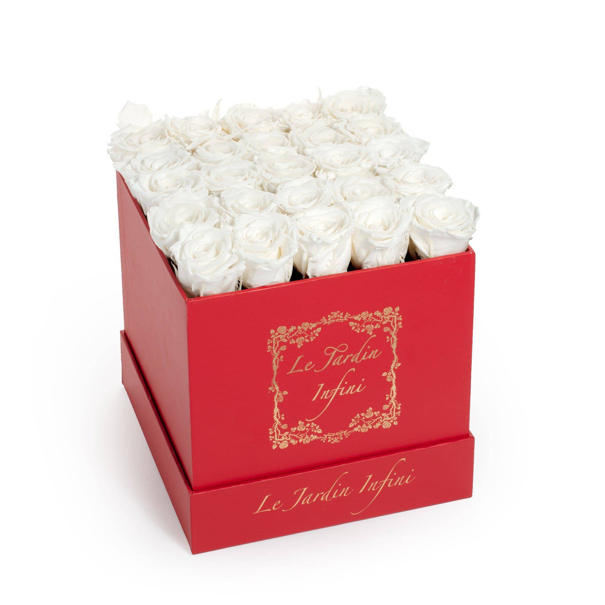 White Preserved Roses - Medium Square Red Box