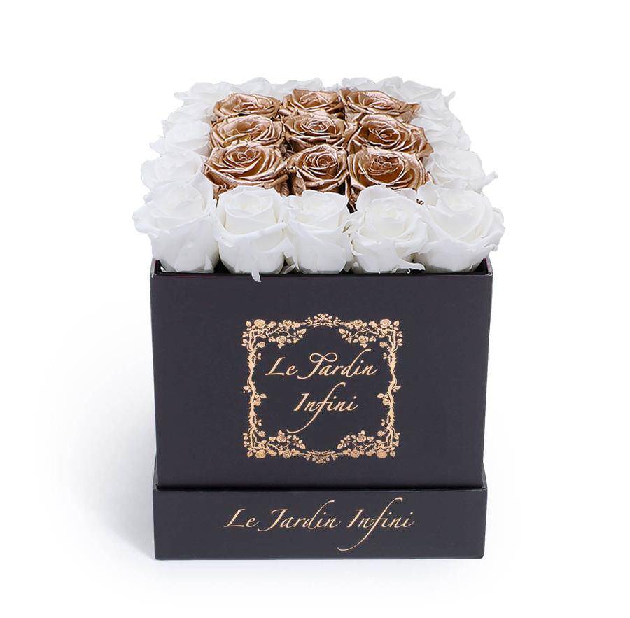 White & Rose Gold Square Center Preserved Roses - Medium Square Black Box